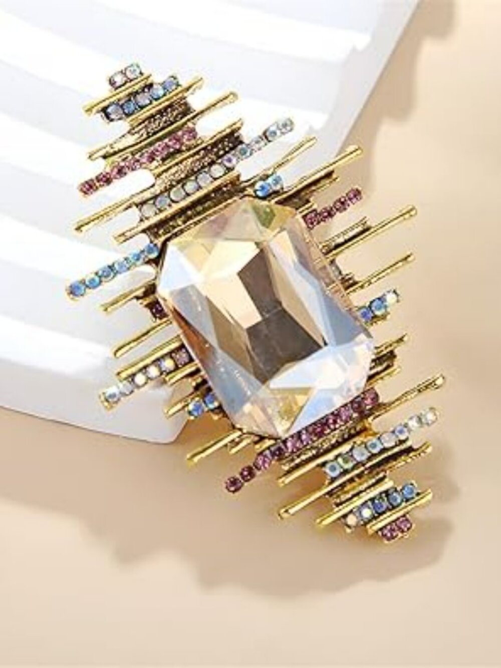 NEW Rhinestone‎ Brooch Pin Gold-Toned Baroque Rectangle Crystal Boho Art Deco